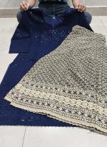 Cambric Cotton Navy Blue Festival Wear Chikankari Phulkari Kurti With Palazzo